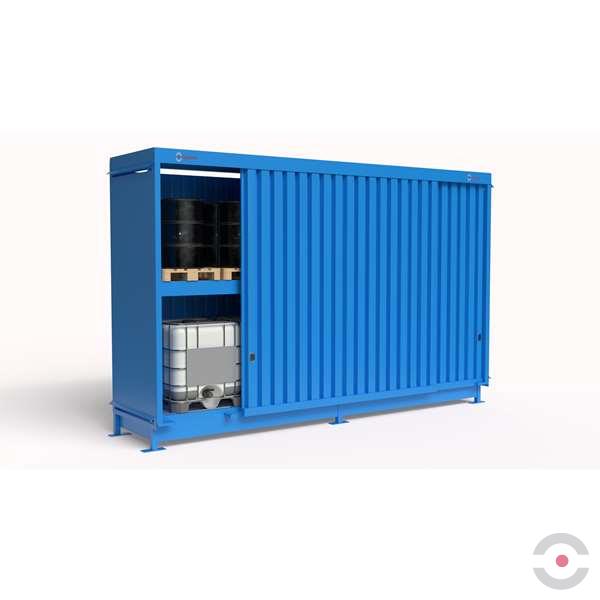 Magazyn substancji niebezpiecznych nieizolowany Topserw, WSC 2 poziomy/2 segmenty, 8*1000 l KTC/IBC, jednostronny, 1*drzwi przesuwne, dwumodułowy