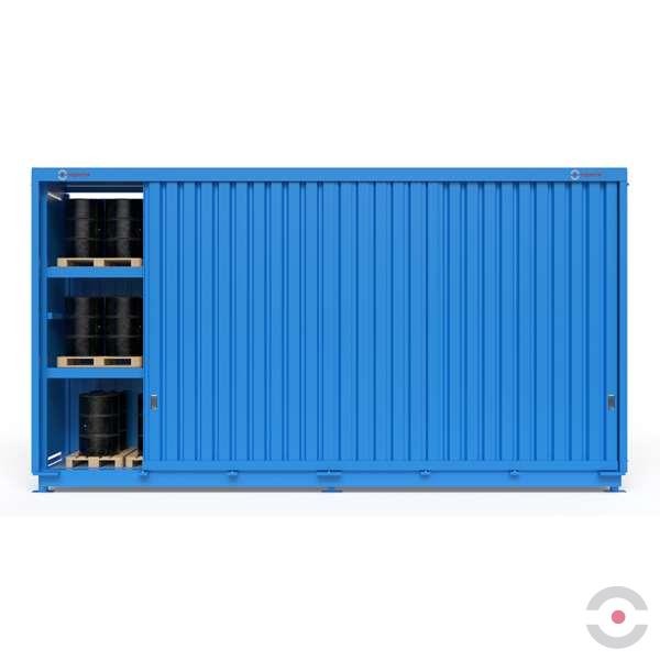 Magazyn substancji niebezpiecznych nieizolowany Topserw, WSC 3 poziomy/2 segmenty, 72*200 l beczka/paleta, jednostronny, 1*drzwi przesuwne, dwumodułowy