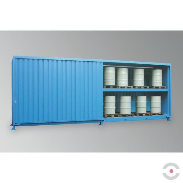 Magazyn substancji niebezpiecznych nieizolowany Topserw, WSC 2 poziomy/3 segmenty, 72*200 l beczka/paleta, jednostronny, 1*drzwi przesuwne, dwumodułowy