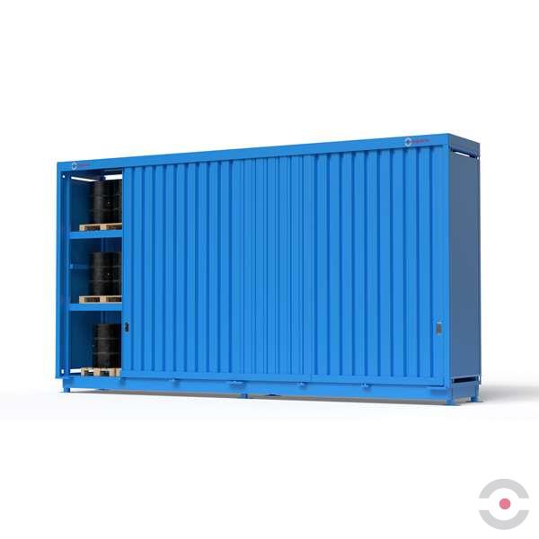 Magazyn substancji niebezpiecznych nieizolowany Topserw, WSC 3 poziomy/2 segmenty, 72*200 l beczka/paleta, jednostronny, 1*drzwi przesuwne, dwumodułowy