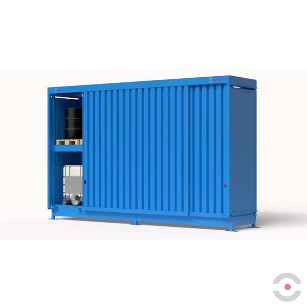 Magazyn substancji niebezpiecznych nieizolowany Topserw, WSC 2 poziomy/2 segmenty, 8*1000 l KTC/IBC, jednostronny, 1*drzwi przesuwne, dwumodułowy