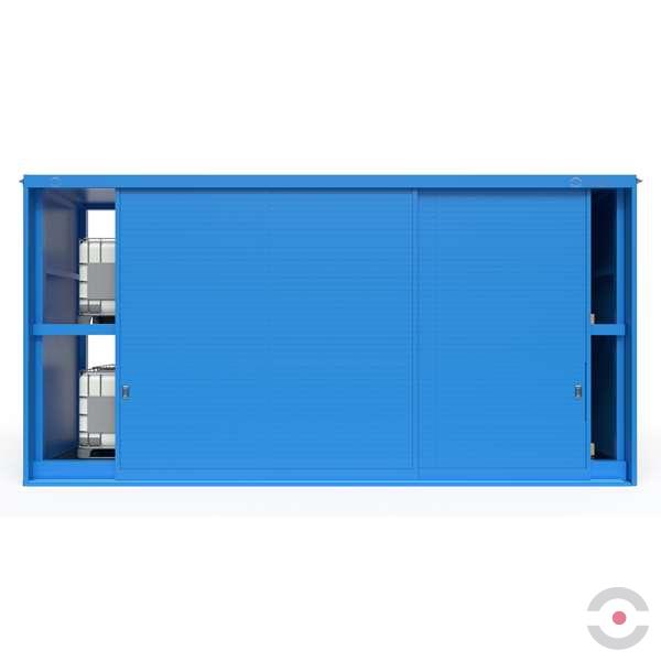 Magazyn substancji niebezpiecznych izolowany Topserw, WSC 2 poziomy/2 segmenty, 24*1000 l KTC/IBC, dwustronny, 2*drzwi przesuwne, dwumodułowy
