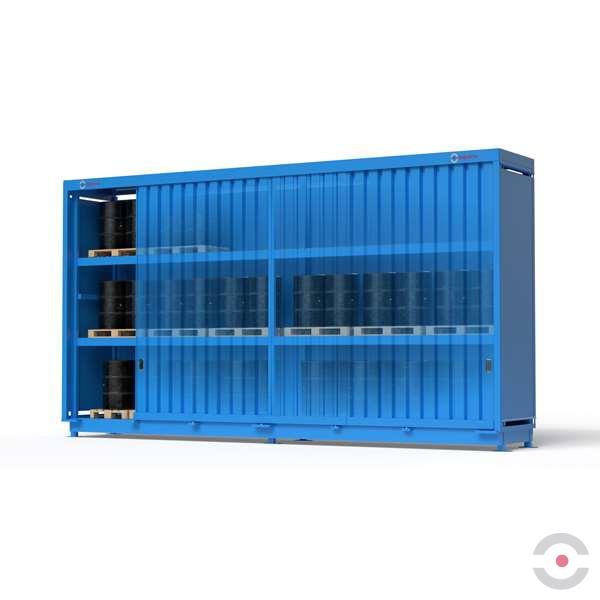 Magazyn substancji niebezpiecznych nieizolowany Topserw, WSC 3 poziomy/2 segmenty, 72*200 l beczka/paleta, jednostronny, 1*drzwi przesuwne, dwumodułowy