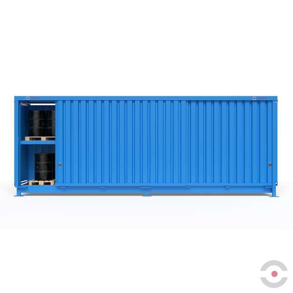 Magazyn substancji niebezpiecznych nieizolowany Topserw, WSC 2 poziomy/2 segmenty, 48*200 l beczka/paleta, jednostronny, 1*drzwi przesuwne, dwumodułowy