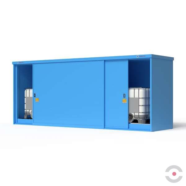 Magazyn substancji niebezpiecznych izolowany Topserw, WSC 1 poziom/2 segmenty, 4*1000 l KTC/IBC, 1*drzwi przesuwne, dwumodułowy