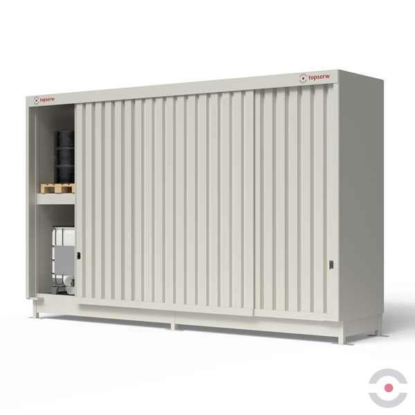 Magazyn substancji niebezpiecznych nieizolowany Topserw, WSC 2 poziomy/2 segmenty, 8*1000 l KTC/IBC, jednostronny, 1*drzwi przesuwne