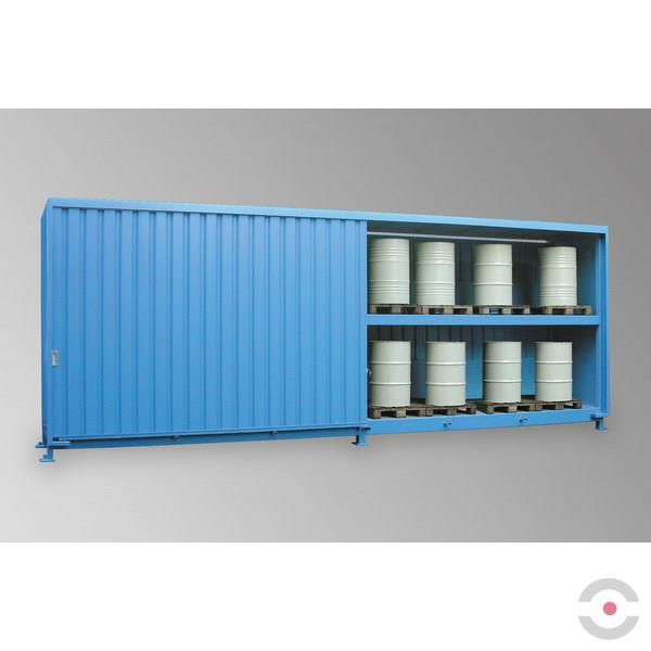 Magazyn substancji niebezpiecznych nieizolowany Topserw, WSC 2 poziomy/2 segmenty, 48*200 l beczka/paleta, jednostronny, 1*drzwi przesuwne, dwumodułowy