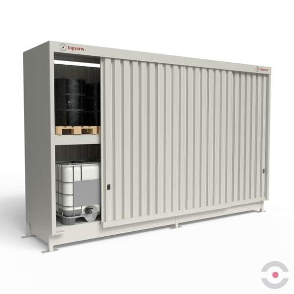 Magazyn substancji niebezpiecznych nieizolowany Topserw, WSC 2 poziomy/2 segmenty, 8*1000 l KTC/IBC, jednostronny, 1*drzwi przesuwne