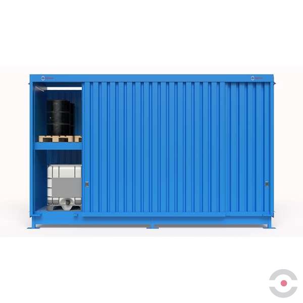 Magazyn substancji niebezpiecznych nieizolowany Topserw, WSC 2 poziomy/2 segmenty, 8*1000 l KTC/IBC, jednostronny, 1*drzwi przesuwne, dwumodułowy