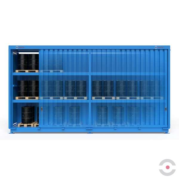 Magazyn substancji niebezpiecznych nieizolowany Topserw, WSC 3 poziomy/2 segmenty, 72*200 l beczka/paleta, jednostronny, 1*drzwi przesuwne, dwumodułowy