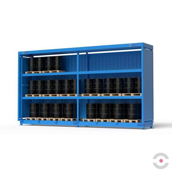 Magazyn substancji niebezpiecznych nieizolowany Topserw, WSC 3 poziomy/2 segmenty, 72*200 l beczka/paleta, jednostronny, 1*drzwi przesuwne, dwumodułowy