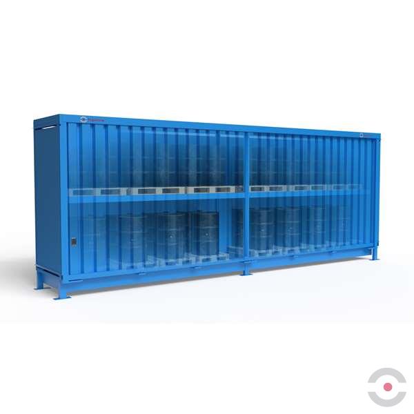 Magazyn substancji niebezpiecznych nieizolowany Topserw, WSC 2 poziomy/2 segmenty, 48*200 l beczka/paleta, jednostronny, 1*drzwi przesuwne, dwumodułowy