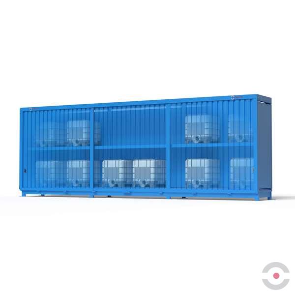 Magazyn substancji niebezpiecznych nieizolowany Topserw, WSC 2 poziomy/3 segmenty, 18*1000 l KTC/IBC, jednostronny, 1*drzwi przesuwne, dwumodułowy