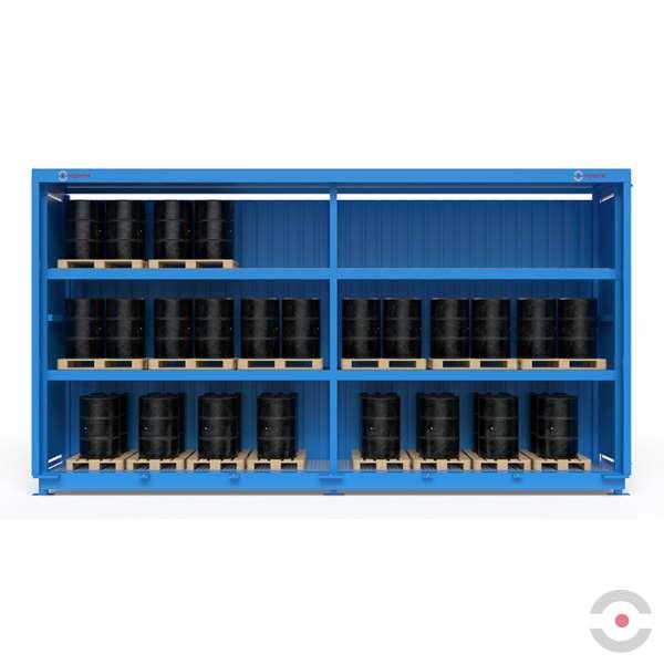 Magazyn substancji niebezpiecznych nieizolowany Topserw, WSC 3 poziomy/2 segmenty, 72*200 l beczka/paleta, jednostronny, 1*drzwi przesuwne, dwumodułowy