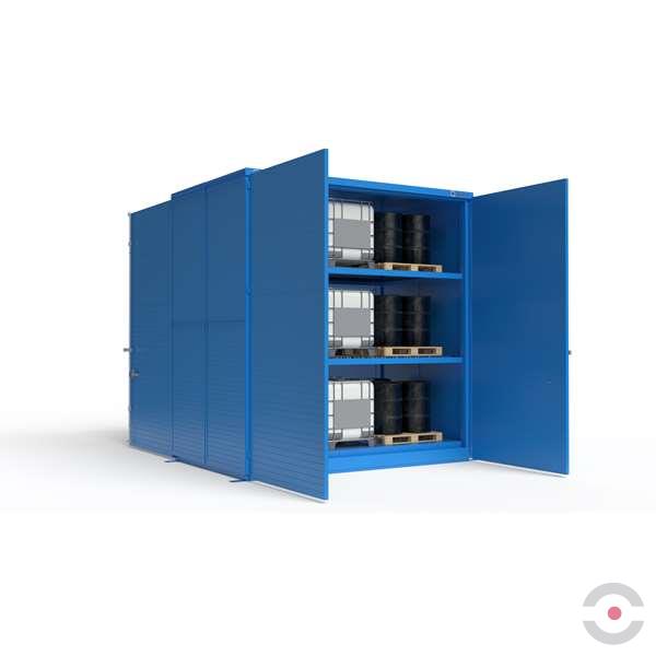 Magazyn substancji niebezpiecznych izolowany Topserw, WSC 3 poziomy, 72*200 l beczka/paleta, dwustronny, 2*drzwi dwuskrzydłowe, jednomodułowy