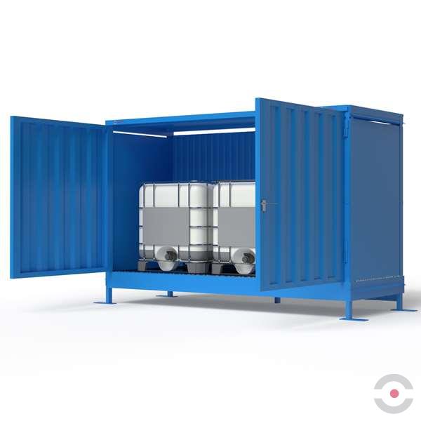 Magazyn substancji niebezpiecznych nieizolowany Topserw, WSC 1 poziom, 3*1000 l KTC/IBC, jednostronny, 1*drzwi dwuskrzydłowe, jednomodułowy