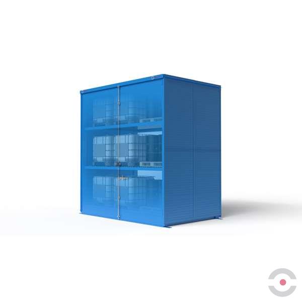 Magazyn substancji niebezpiecznych izolowany Topserw, WSC 3 poziomy, 72*200 l beczka/paleta, dwustronny, 2*drzwi dwuskrzydłowe, jednomodułowy