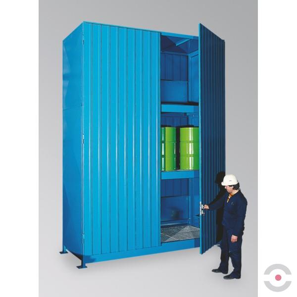 Magazyn substancji niebezpiecznych izolowany Topserw, WSC 3 poziomy, 72*200 l beczka/paleta, dwustronny, 2*drzwi dwuskrzydłowe, jednomodułowy