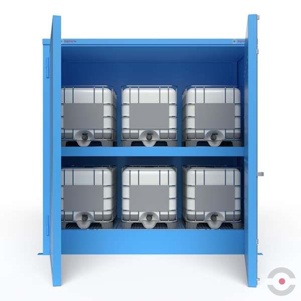 Magazyn substancji niebezpiecznych izolowany Topserw, WSC 2 poziomy, 6*1000 l KTC/IBC, 1* drzwi dwuskrzydłowe, jednomodułowy