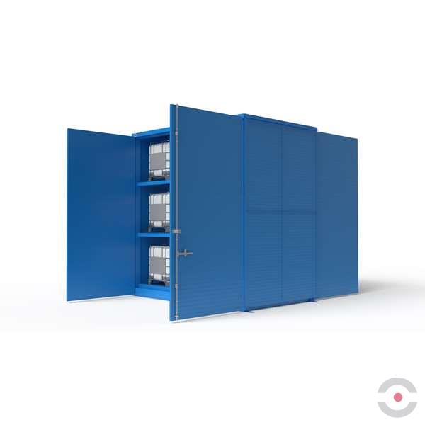 Magazyn substancji niebezpiecznych izolowany Topserw, WSC 3 poziomy, 72*200 l beczka/paleta, dwustronny, 2*drzwi dwuskrzydłowe, jednomodułowy