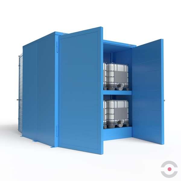 Magazyn substancji niebezpiecznych izolowany Topserw, WSC 2 poziomy, 12*1000 l KTC/IBC, 1*drzwi dwuskrzydłowe, dwustronny, jednomodułowy