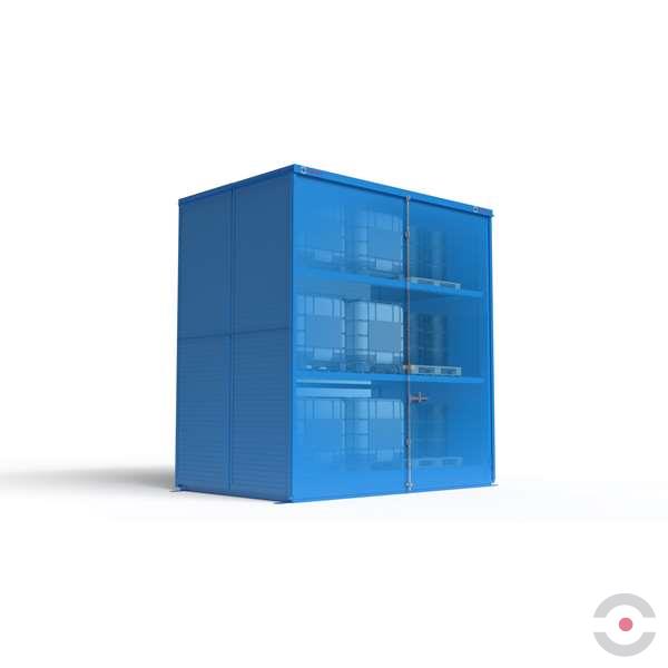 Magazyn substancji niebezpiecznych izolowany Topserw, WSC 3 poziomy, 72*200 l beczka/paleta, dwustronny, 2*drzwi dwuskrzydłowe, jednomodułowy
