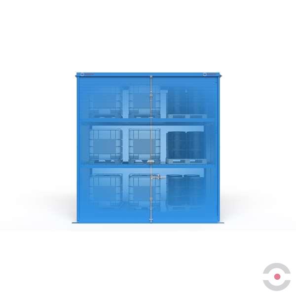 Magazyn substancji niebezpiecznych izolowany Topserw, WSC 3 poziomy, 72*200 l beczka/paleta, dwustronny, 2*drzwi dwuskrzydłowe, jednomodułowy