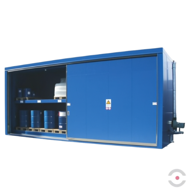 Magazyn ognioodporny Topserw, EI90, 2 poziomy/2 segmenty, 12*1000 l KTC/IBC lub 32*200 l beczka, 2*1000 l, drzwi przesuwne