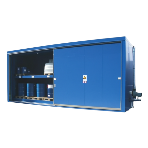 Magazyn ognioodporny Topserw, EI90, 2 poziomy/2 segmenty, 12*1000 l KTC/IBC lub 32*200 l beczka, 2*1000 l, drzwi przesuwne