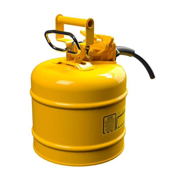 Pojemnik zabezpieczający Justrite stalowy na płyny łatwopalne, wąż spustowy, 7,5 l, żółty