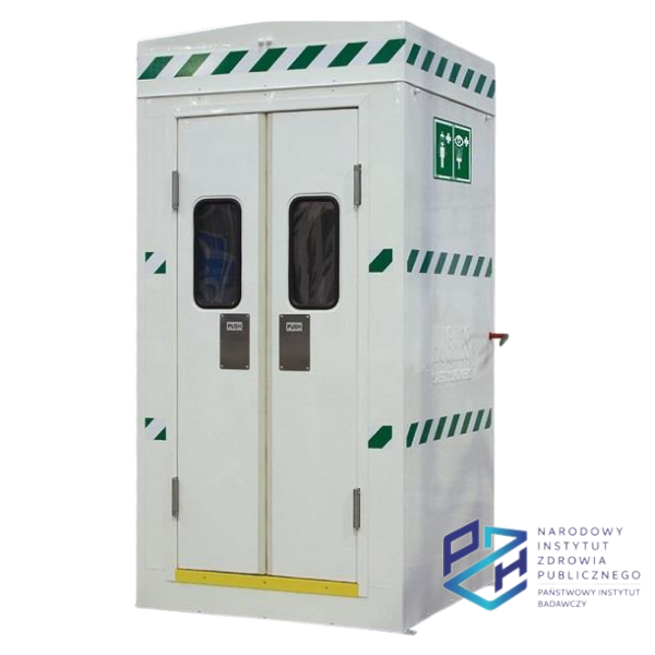 Kabina bezpieczeństwa POLAR (Ex) Hughes, natrysk awaryjny, myjka do oczu/twarzy (IN), drzwi wahadłowe, ściany GRP, mrozoodporna -35°C