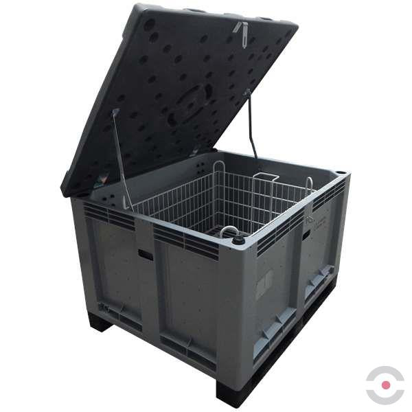 Plastikowy pojemnik transportowy Premium M-BOX, 302 l, stały kosz, 45*wypełniacz + 52kg PyroBubbles