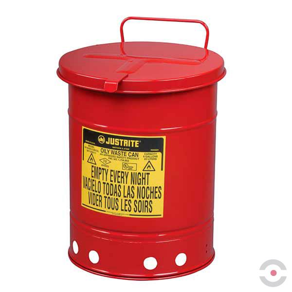 Pojemnik zabezpieczający Justrite stalowy na odpady olejowe, dźwignia ręczna, 20 l, czerwony