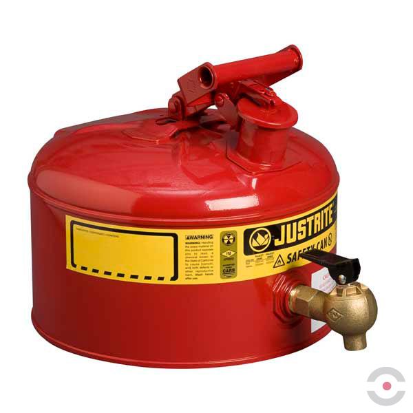 Pojemnik laboratoryjny Justrite, stalowy na płyny łatwopalne, kurek spustowy, z regulacją przepływu, 9.5 l, czerwony