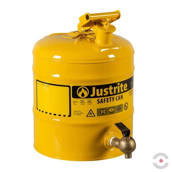 Pojemnik laboratoryjny Justrite, stalowy na płyny łatwopalne, kurek spustowy z regulacja przepływu, 19 l, żółty