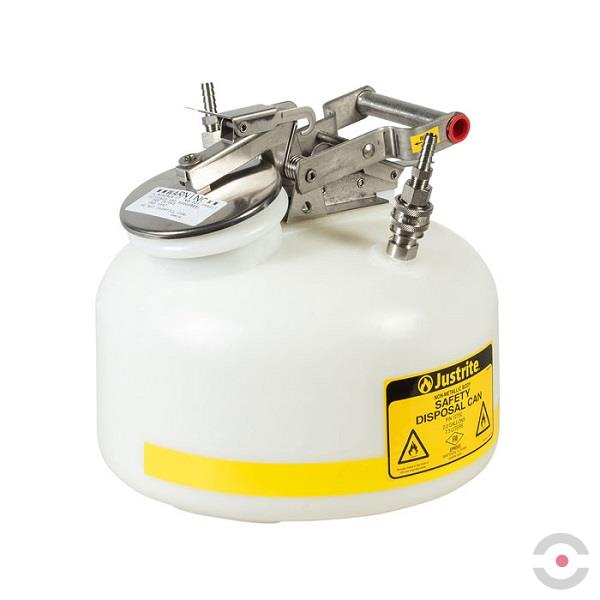 Pojemnik polietylenowy Justrite do zbierania odpadów HPLC, okrągły 7,5 l, złącze 1 SN, złącze 2 SN, biały