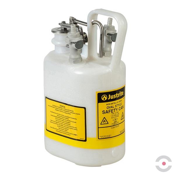 Pojemnik polietylenowy Justrite do zbierania odpadów HPLC, owalny 4 l, złącze 1 PN, złącze 2 PN, biały