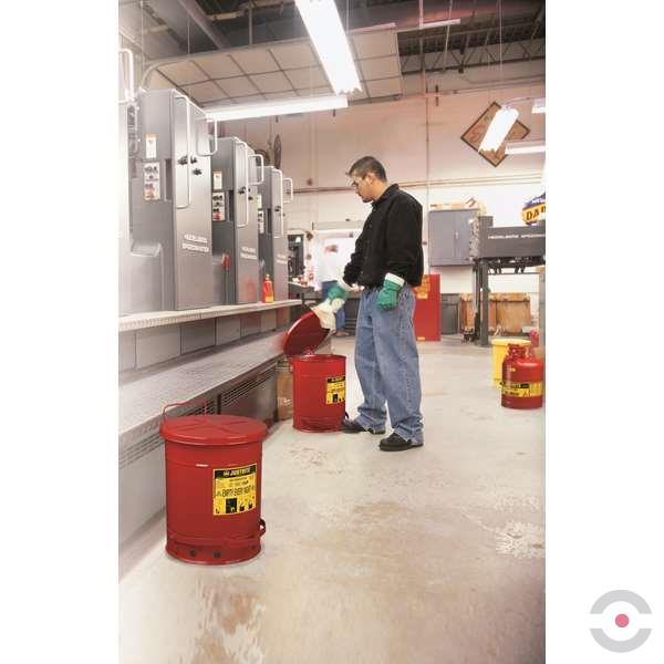 Pojemnik zabezpieczający Justrite stalowy na odpady olejowe, dźwignia nożna, 20 l, czerwony