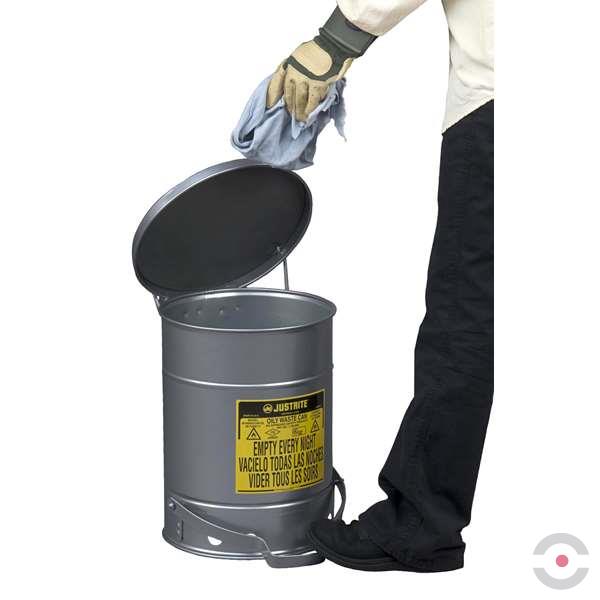 Pojemnik zabezpieczający Justrite stalowy na odpady olejowe, dźwignia nożna, 52 l, SoundGard, srebrny