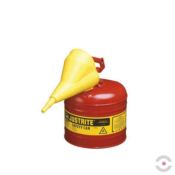 Pojemnik zabezpieczający Justrite stalowy na płyny łatwopalne 7,5 l, Typ I, lejek, czerwony