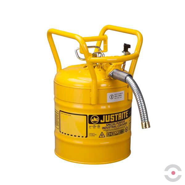 Pojemnik zabezpieczający Justrite stalowy na płyny łatwopalne Typ II, D.O.T. wąż spustowy 25 mm, 19 l, żółty