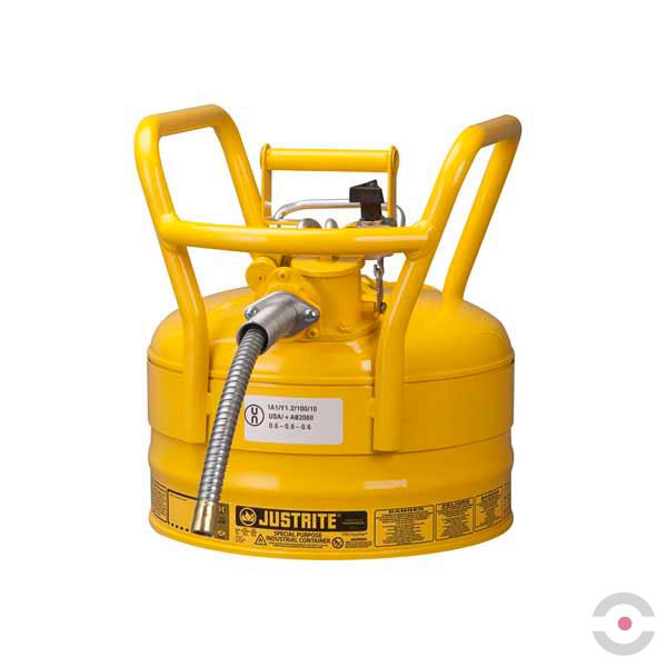 Pojemnik zabezpieczający Justrite stalowy na płyny łatwopalne Typ II, D.O.T. wąż spustowy 16 mm, 9,5 l, żółty