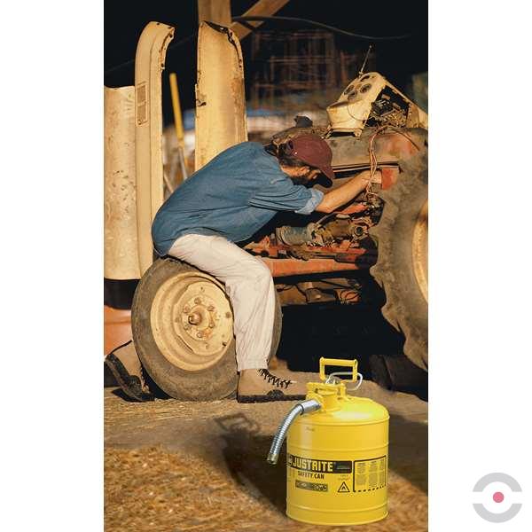 Pojemnik zabezpieczający Justrite stalowy na płyny łatwopalne Typ II, wąż spustowy 16 mm, 19 l, żółty