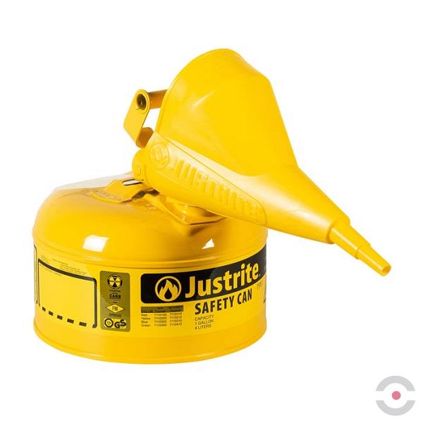 Pojemnik zabezpieczający Justrite stalowy na płyny łatwopalne 4 l, Typ I, lejek, zółty