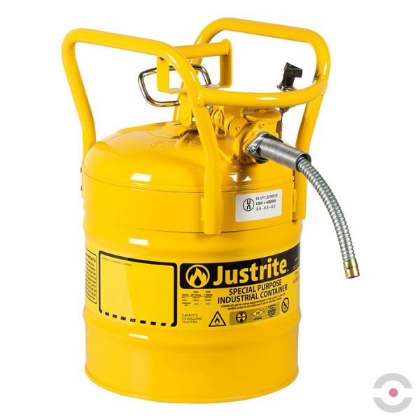 Pojemnik zabezpieczający Justrite stalowy na płyny łatwopalne Typ II, D.O.T. wąż spustowy 16 mm, 19 l, żółty