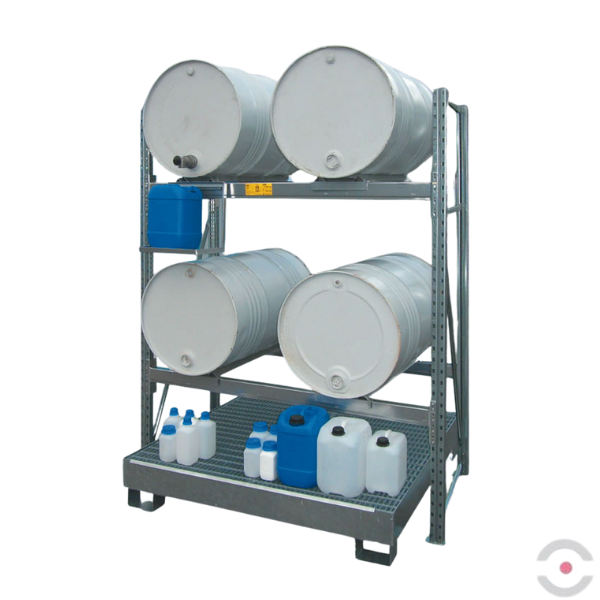 Regał magazynowy Topserw, 2 poziomy skład., 2*2 beczka 200 l poziomo, wanna 210 l kratow., S*G*W 1507*800*2200 mm, moduł podstawowy