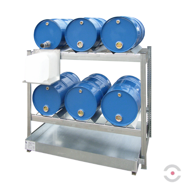 System regałowy, 2 poziomy skład., 2*3 beczka 60 l poziomo, wanna 60 l, S*G*W 1360*635*1150 mm, moduł podstawowy