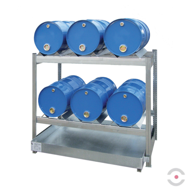 System regałowy, 2 poziomy skład., 2*3 beczka 60 l poziomo, wanna 60 l, S*G*W 1360*635*1150 mm, moduł podstawowy