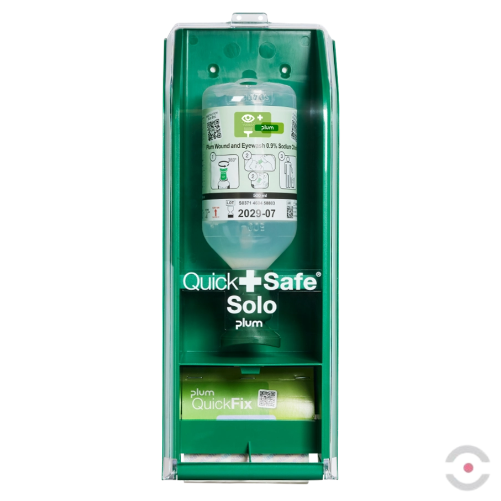 Zestaw naścienny Plum SOLO - roztwór do płukania oka i ran, ciało obce, butelka 1*500 ml, chlorek sodu 0,9%, 1*plastry wodoodporne (45 sztuk), MDR
