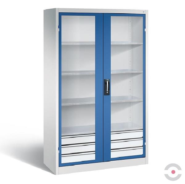 Szafa warsztatowa XL, 4 półki, 3 szuflady, drzwi dwuskrzydłowe, przeszklone, W*S*G 1950*1200*600 mm, szary/niebieski